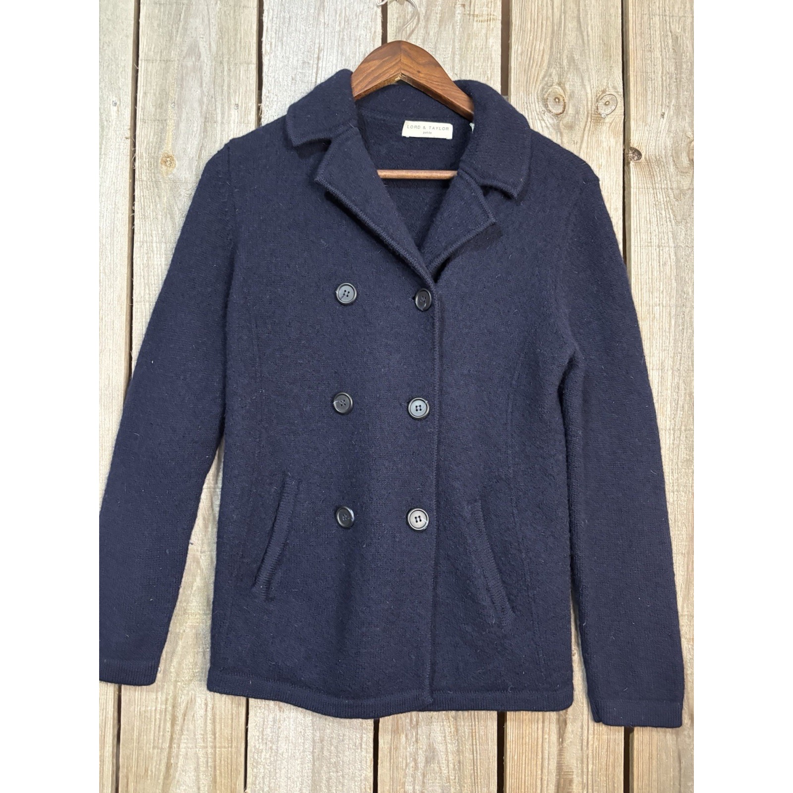 Lord & Taylor Vintage Wool Knit Jacket Navy Petite Medium